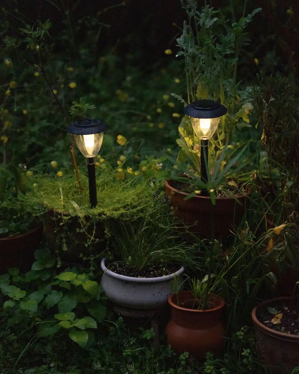 Low garden lights glowing among potted plants at night