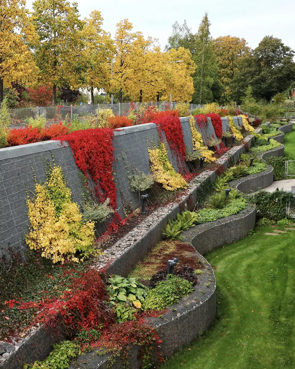 Terraced stone retaining walls planted with red and yellow autumn foliage